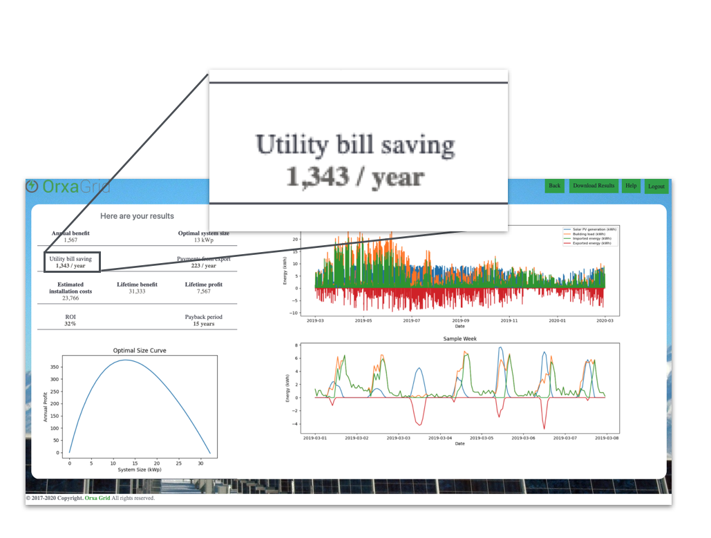Utility Bill Saving output in the OrxaGrid Low Carbon App